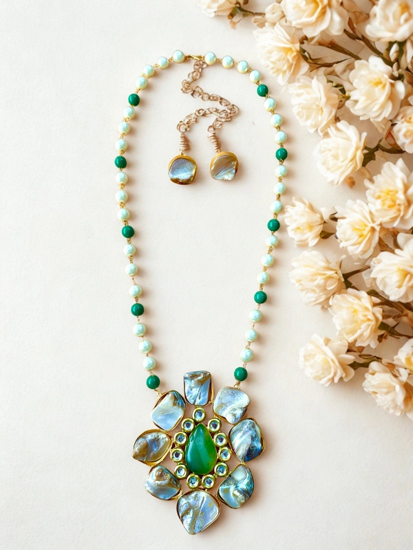 Radhika Pearl Necklace - 56 cms, White & Green, 81 gms
