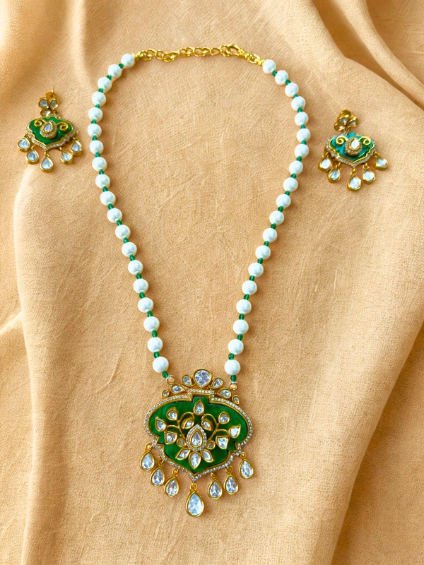 Radhika Pearl Necklace - 44 cms, Dark Green, 82 gms