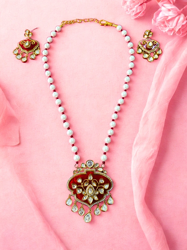 Radhika Pearl Necklace - 44 cms, Red, 82 gms