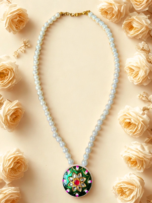 Radhika Pearls - 57 cms, White & Green, 58 gms