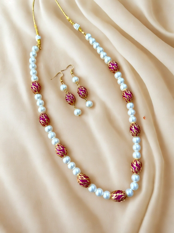 Radhika Pearls - 51 cms, White with Dark Pink beads with gold design, 83 gms