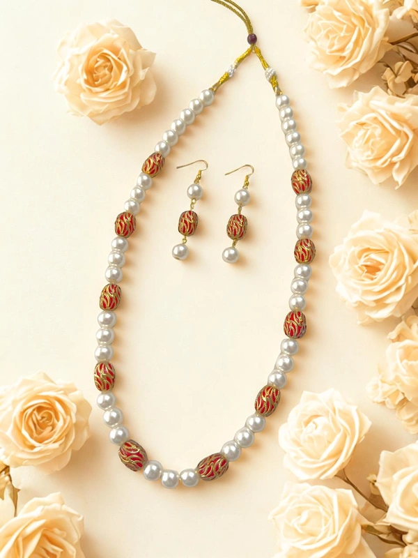 Radhika Pearls - 51 cms, White with Red beads with gold design, 83 gms