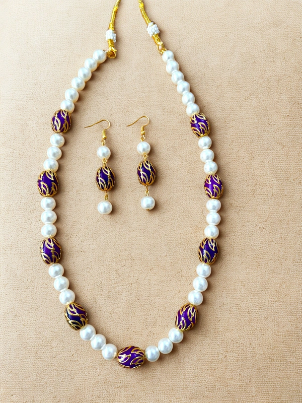 Radhika Pearls - 51 cms, White with Dark Purple beads with gold design, 83 gms