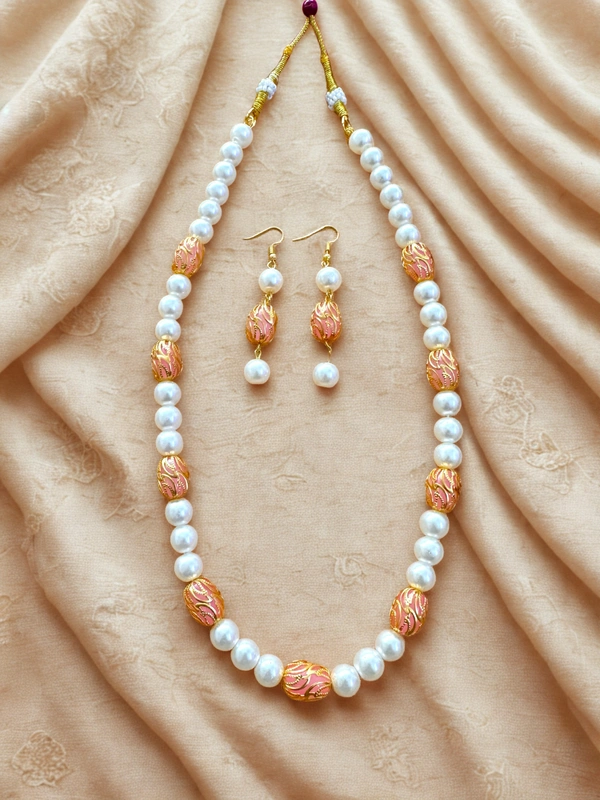 Radhika Pearls - 51 cms, White with Peach beads with gold design, 83 gms