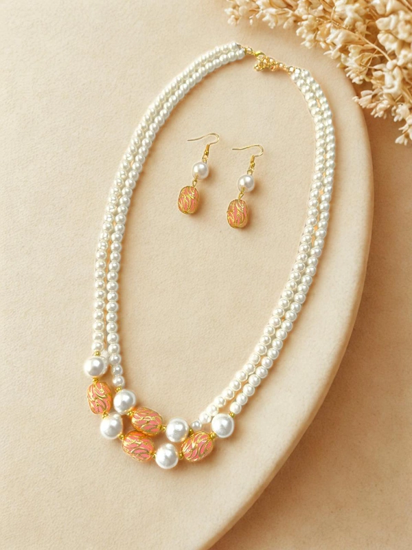 Radhika Pearls 2 layer necklace - 57 cms, White with Peach beads with gold design, 80 gms