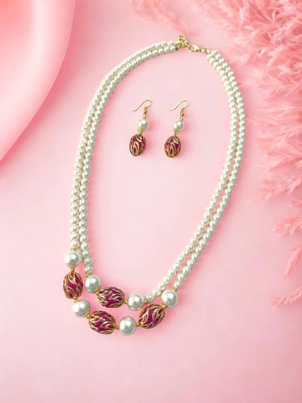 Radhika Pearls 2 layer necklace - 57 cms, White with Dark Pink beads with gold design, 85 gms