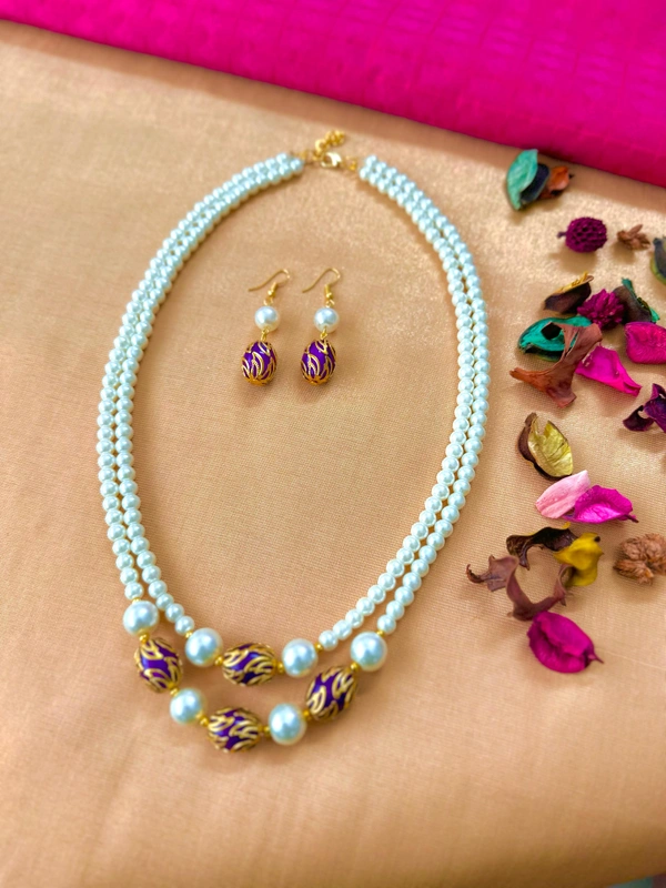 Radhika Pearls 2 layer necklace - 57 cms, White with Dark Purple beads with gold design, 85 gms