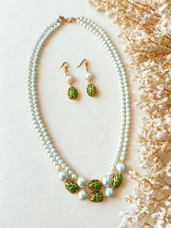Radhika Pearls 2 layer necklace - 57 cms, White with Dark Green beads with gold design, 80 gms