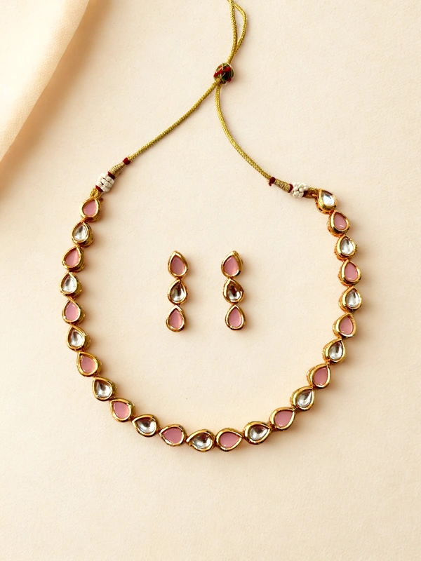 Radhika Single Layer Colored Kundan Necklace Set - 27 cms, Pink & White, 39 grms