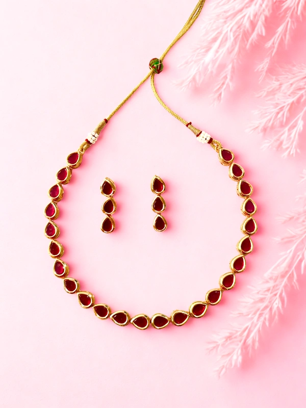 Radhika Single Layer Colored Kundan Necklace Set - 27 cms, Maroon, 39 grms