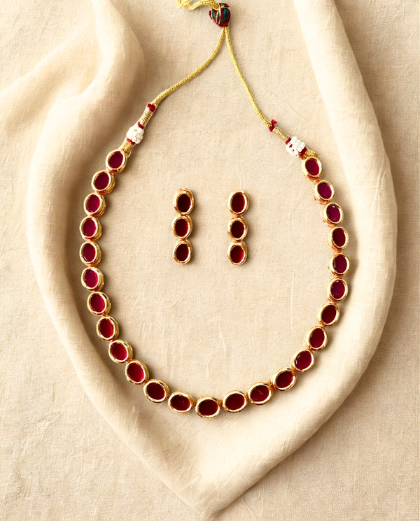 Radhika Single Layer Colored Kundan Necklace Set - 27 cms, Maroon, 39 grms