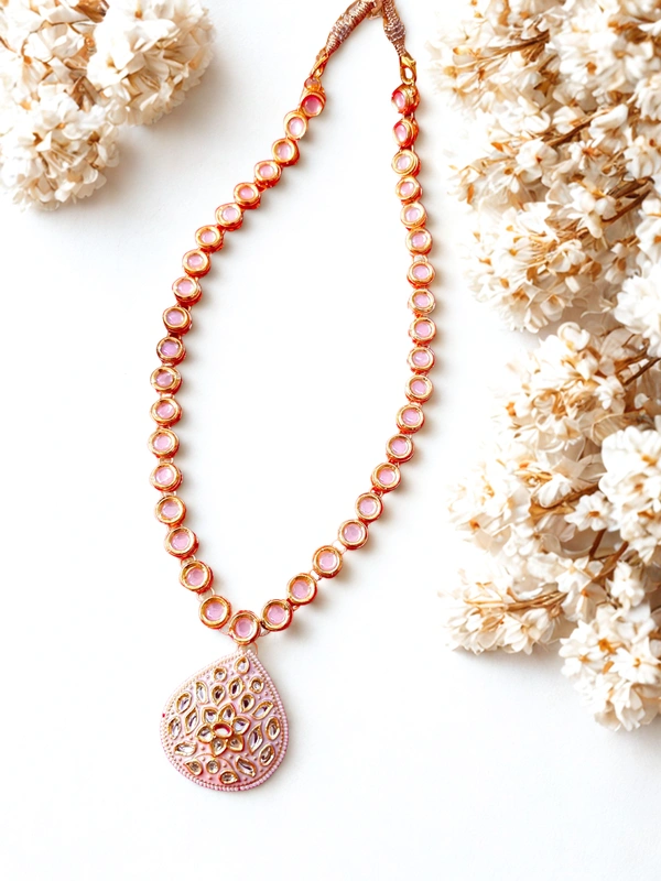 Radhika Single Layer Colored Kundan Necklace Set - 48 cms, Pink, 63 gms
