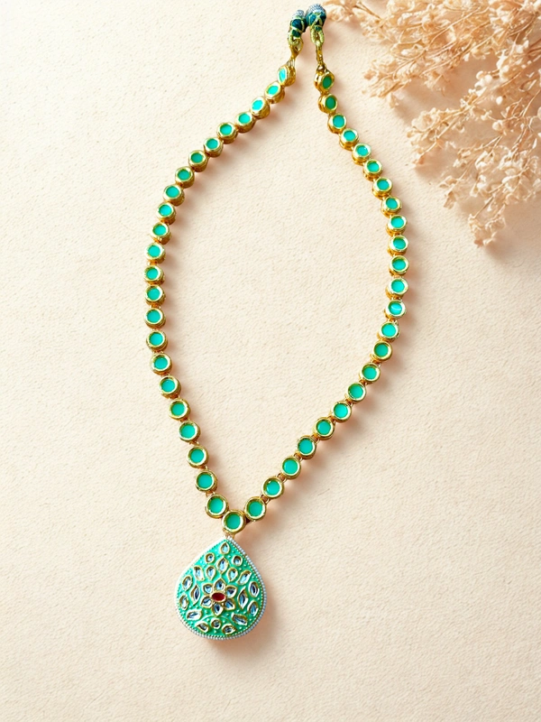 Radhika Single Layer Colored Kundan Necklace Set - 58 cms, Light Green, 70 gms