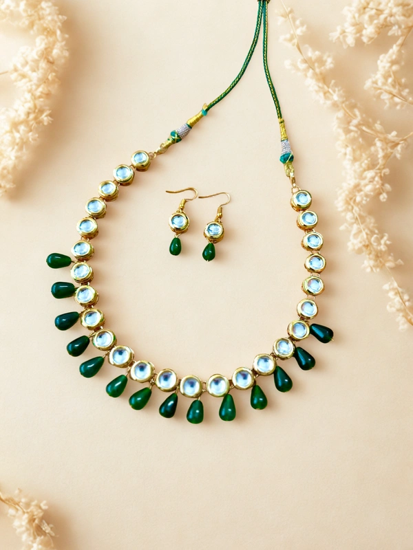 Radhika Single Layer Kundan Necklace Set - 33 cms, White & Dark Green, 70 gms