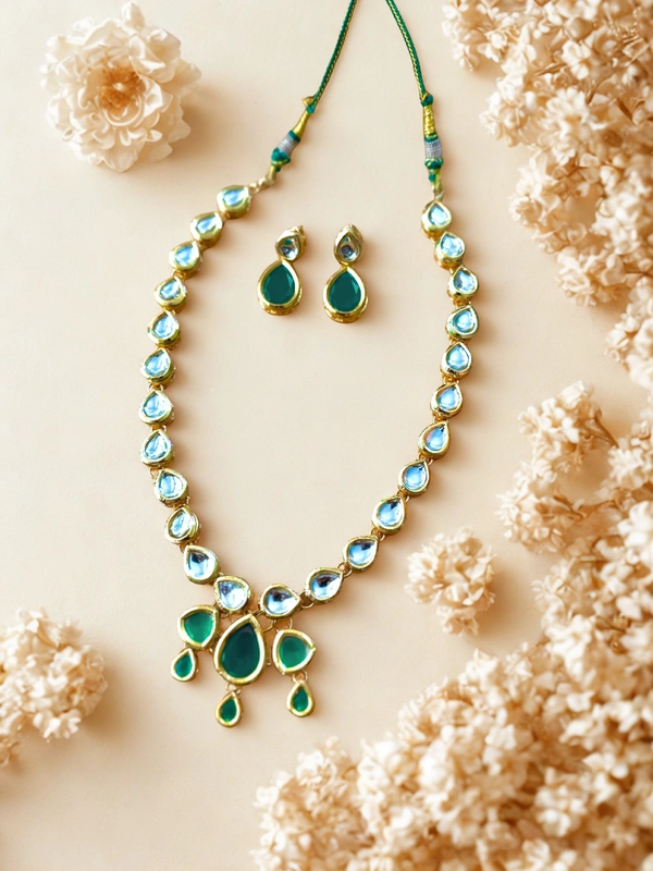 Radhika Single Layer Kundan Necklace Set - 44 cms, White & Dark Green, 84 gms