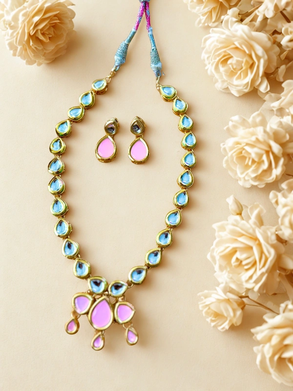Radhika Single Layer Kundan Necklace Set - 44 cms, White & Pink, 84 gms