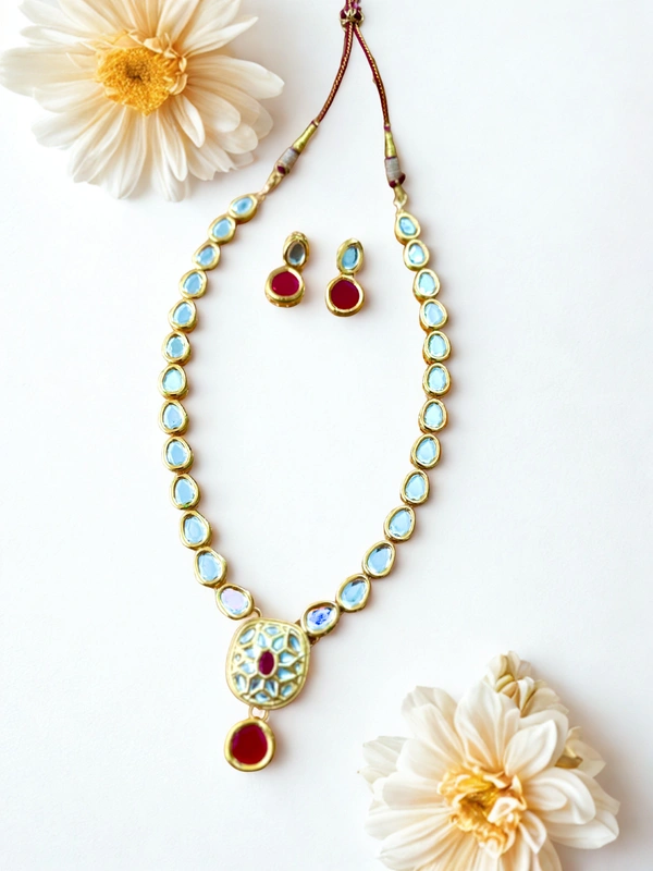 Radhika Single Layer Kundan Necklace Set - 48 cms, White & Red, 81 gms