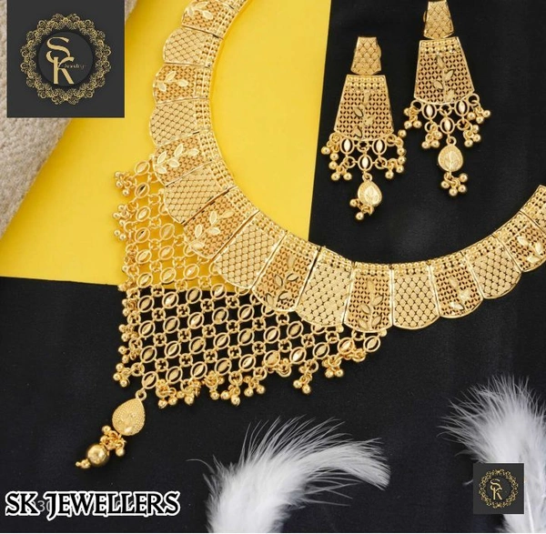 SK JEWELLERS Antique Gold Plated Temple Necklace Set With Earrings For Women. 