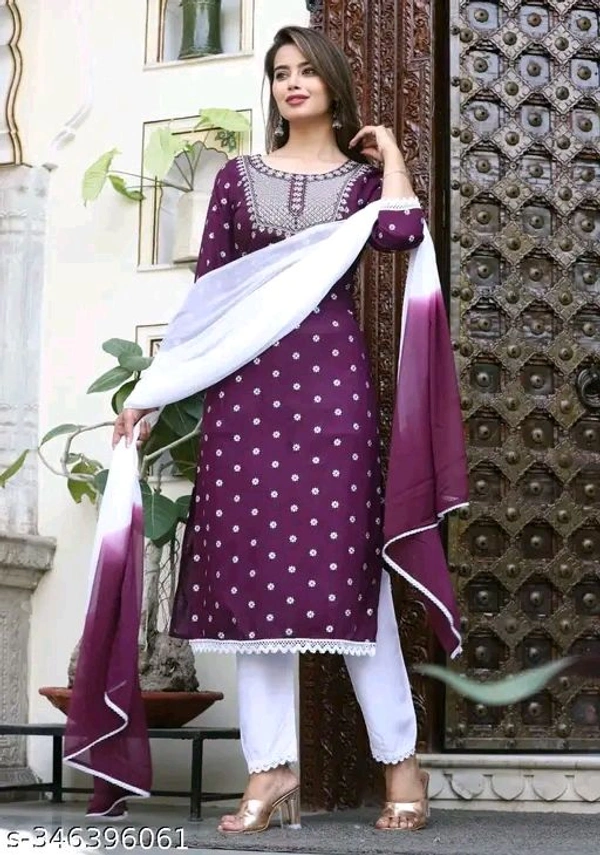 WOMAN FASHION WHITE EMROIDERY NECK SUIT PC PRIN... - Magenta, M