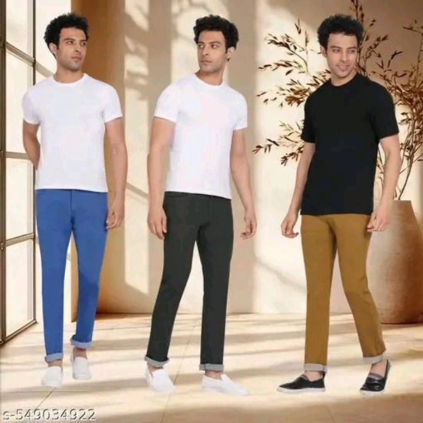 Men's Stretchable Straight Fit Mid Rise Jeans, Pack of 3, Light Blue & Olive & Khaki - 38