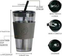 Glass Coffee Sipper Mug with Leather Grip Pack of 1, 450ml Clear Drinking Glasses Tu...