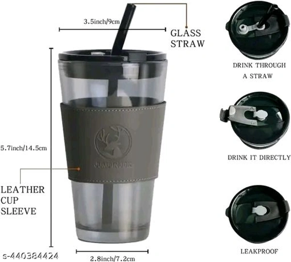 Glass Coffee Sipper Mug with Leather Grip Pack of 1, 450ml Clear Drinking Glasses Tu...