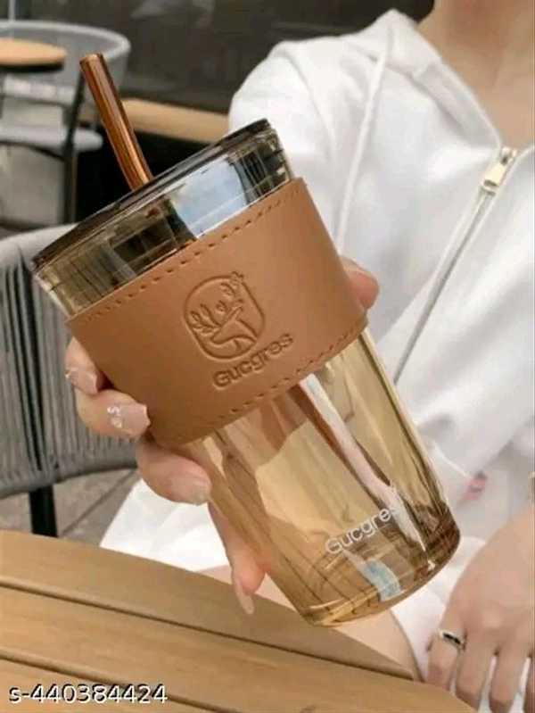 Glass Coffee Sipper Mug with Leather Grip Pack of 1, 450ml Clear Drinking Glasses Tu...