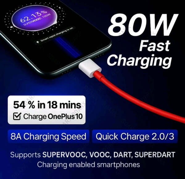 USB Type C Cable 8 A 1 m TPE 80W Compatible Data Sync Fast Charging Cable Supports Dash/Warp Charging - Red
