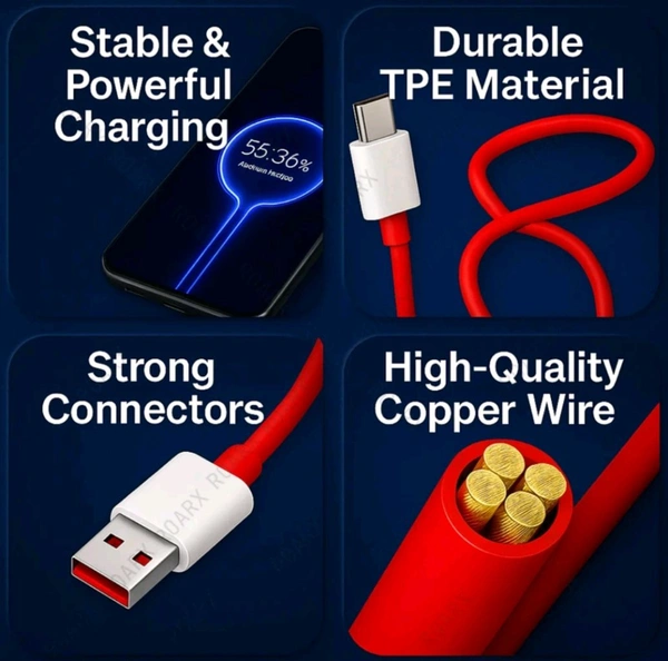 USB Type C Cable 8 A 1 m TPE 80W Compatible Data Sync Fast Charging Cable Supports Dash/Warp Charging - Red