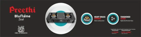 Preethi Zeal 2 Burner (ISI Approved) Glass Manual Gas Stove  (2 Burners)  GTS-412