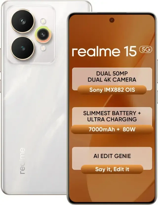 realme 15 5G (Flowing Silver, 12GB RAM, 256GB Storage) | 6.8" FHD+ LCD 120Hz | 50MP Triple AI Camera | 50MP Selfie | Dimensity 7300+ 5G | 7000mAh | 80W Fast Charging | Android 15 | Dual SIM