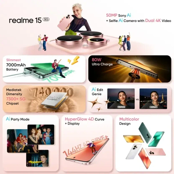 realme 15 5G (Flowing Silver, 12GB RAM, 256GB Storage) | 6.8" FHD+ LCD 120Hz | 50MP Triple AI Camera | 50MP Selfie | Dimensity 7300+ 5G | 7000mAh | 80W Fast Charging | Android 15 | Dual SIM