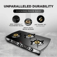 Preethi Sparkle Glass top 3 Burner Gas Stove, Manual Ignition, Black Glass Manual Gas Stove  (3 Burners)  GTS-104
