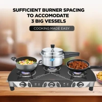 Preethi Sparkle Glass top 3 Burner Gas Stove, Manual Ignition, Black Glass Manual Gas Stove  (3 Burners)  GTS-104