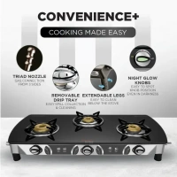 Preethi Sparkle Glass top 3 Burner Gas Stove, Manual Ignition, Black Glass Manual Gas Stove  (3 Burners)  GTS-104