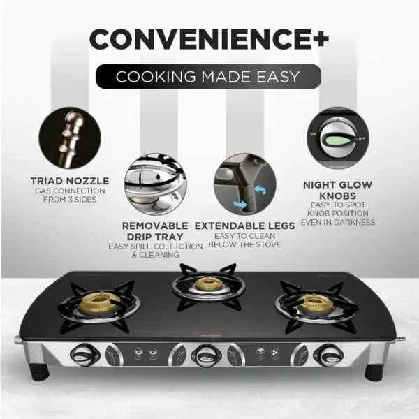 Preethi Blu Flame Blaze Glass Manual Gas Stove  (3 Burners)  GTS-117