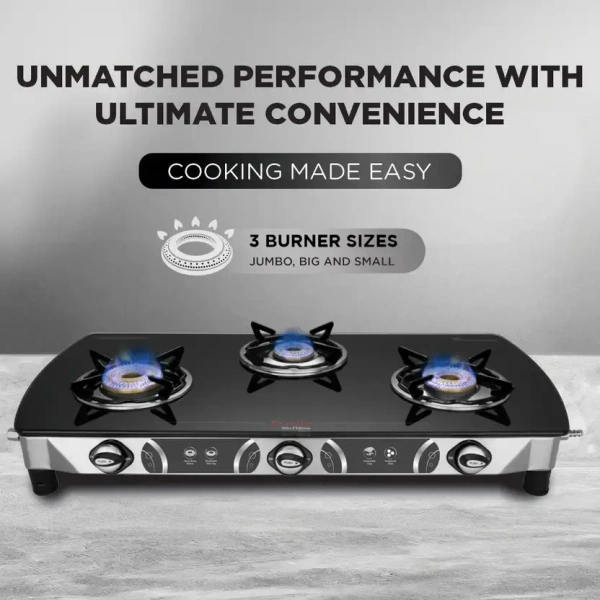 Preethi Sparkle Glass top 3 Burner Gas Stove, Manual Ignition, Black Glass Manual Gas Stove  (3 Burners)  GTS-104