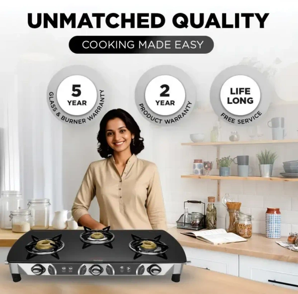 Preethi Blu Flame Blaze Glass Manual Gas Stove  (3 Burners)  GTS-117