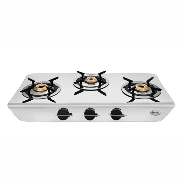 Preethi Stylo Steel 3 Burner Gas Stove |Curved & Sleek design| Heavy Brass Burner| Ant Guard Jet | Removable Drip Tray  SSGS-011