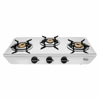 Preethi Stylo Steel 3 Burner Gas Stove |Curved & Sleek design| Heavy Brass Burner| Ant Guard Jet | Removable Drip Tray  SSGS-011