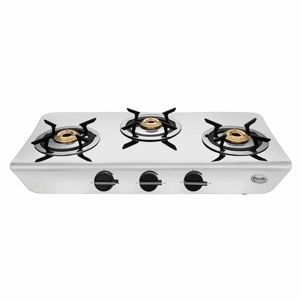 Preethi Stylo Steel 3 Burner Gas Stove |Curved & Sleek design| Heavy Brass Burner| Ant Guard Jet | Removable Drip Tray  SSGS-011