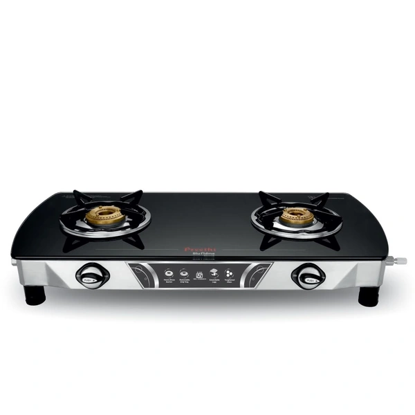 Preethi Bluflame Streak Plus Glass Top 2 Burner Gas Stove, with Jumbo Burner, Manual Ignition, Black   GTS-116