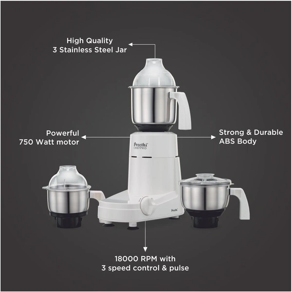 Preethi Chef Pro Mixer Grinder, 750 watt, 3 Jars, White  MG-128