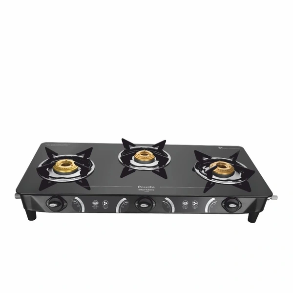 Preethi Blu Flame Zeal Plus Glass Top 3-Burner Manual Gas Stove (Black) (ISI Certified)  GTS-124