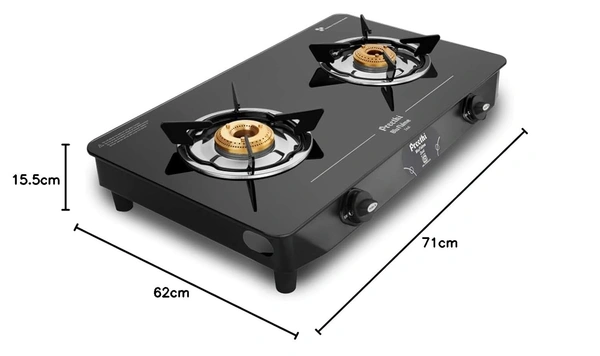 Preethi - GTS123 Zeal glass top 2 burner gas stove, Manual Ignition, Black (ISI Certified)  GTS-123