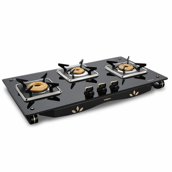 Vidiem AIR GOLD 3 Burner Gas Stove | 8mm Toughened Glass Top | Brass Burners | Spill-Proof Drip Trays | Jumbo Burner | Lifetime Glass Warranty 
