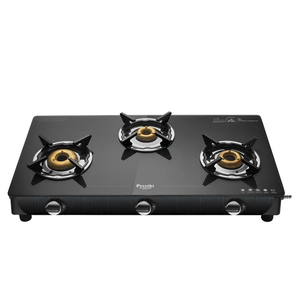 Preethi Valentino glass top 3 burner gas stove, Manual Ignition, Black (ISI Approved with Life Time Brand Warranty)  GTS-121