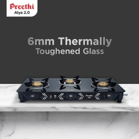 Preethi Alya 3 Burner Glass Top Gas Stove | 5-Year Warranty on Glass & Burners | ISI Certified | GTS-413