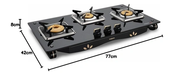 Vidiem AIR GOLD 3 Burner Gas Stove | 8mm Toughened Glass Top | Brass Burners | Spill-Proof Drip Trays | Jumbo Burner | Lifetime Glass Warranty 