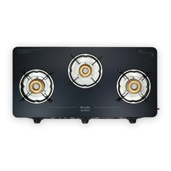 Preethi Alya 3 Burner Glass Top Gas Stove | 5-Year Warranty on Glass & Burners | ISI Certified | GTS-413